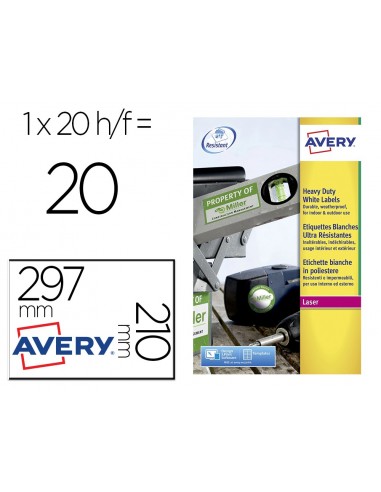Etiqueta adhesiva resistente avery poliester blanca 210x297 mm laser pack de 20 unidades