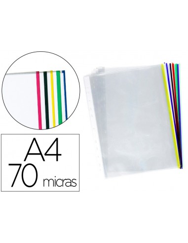 Funda multitaladro q-connect din a4 70 mc cristal con borde colores surtidos bolsa de 25 unidades
