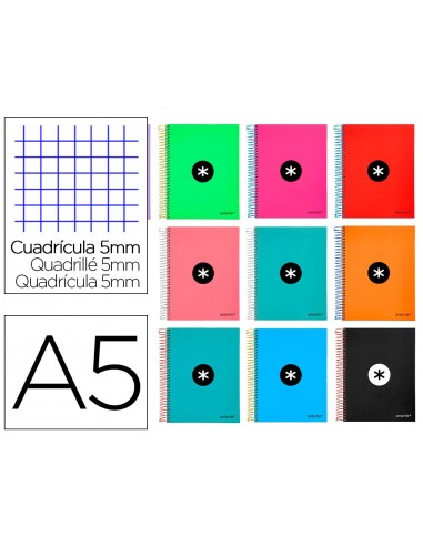 Cuaderno espiral liderpapel a5 micro antartik tapa forrada120h 90gr cuadro 5mm 5 bandas 6 taladros colores surtidos